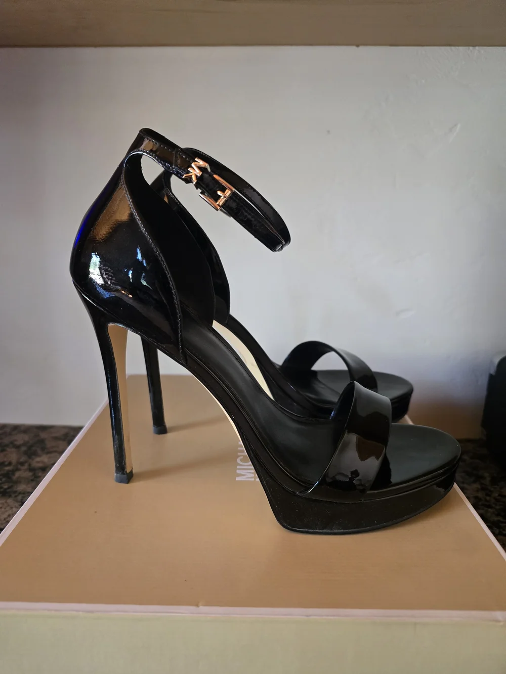 MICHAEL Michael Kors Black Patent Platform Ankle Strap Sandals